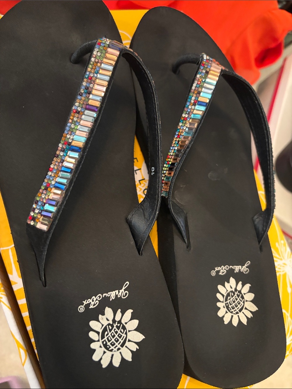 Yellow Box Black Flip Flop Sandals with Multicolor Crystal Straps